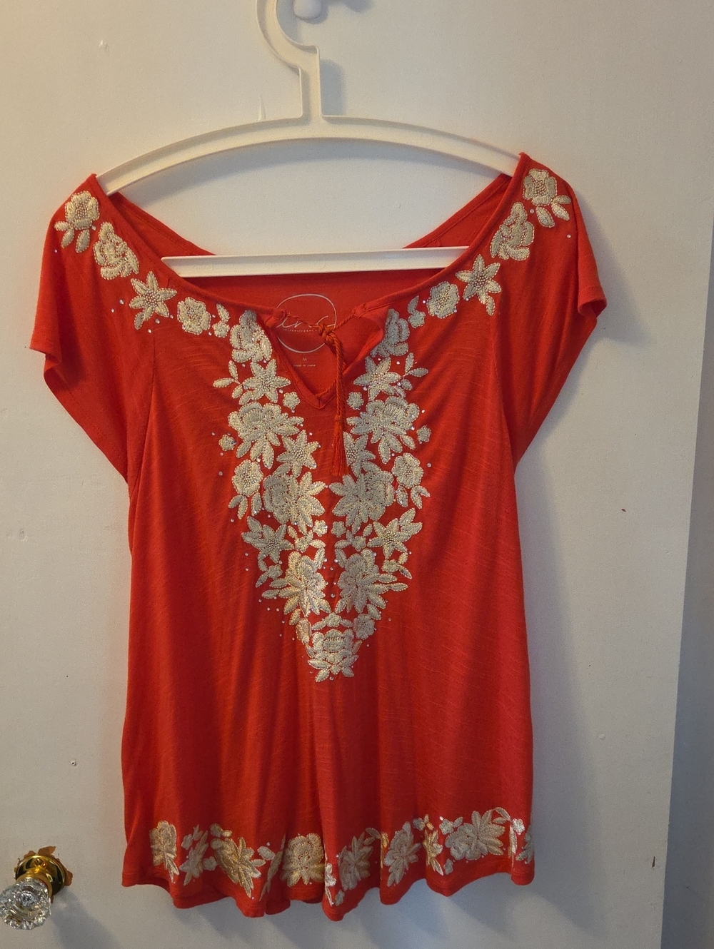 Vintage INC International Concepts Coral and Cream Embroidered V-Neck Tunic